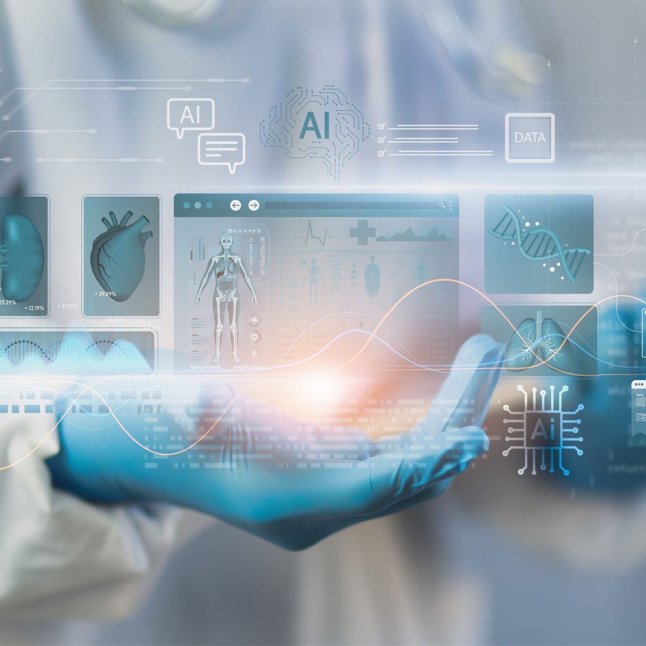 Doctor using advanced AI medical analytics to assess organ scan, DNA data, and patient information represents modern healthcare technology, precision diagnostics, intelligent clinical decision making.